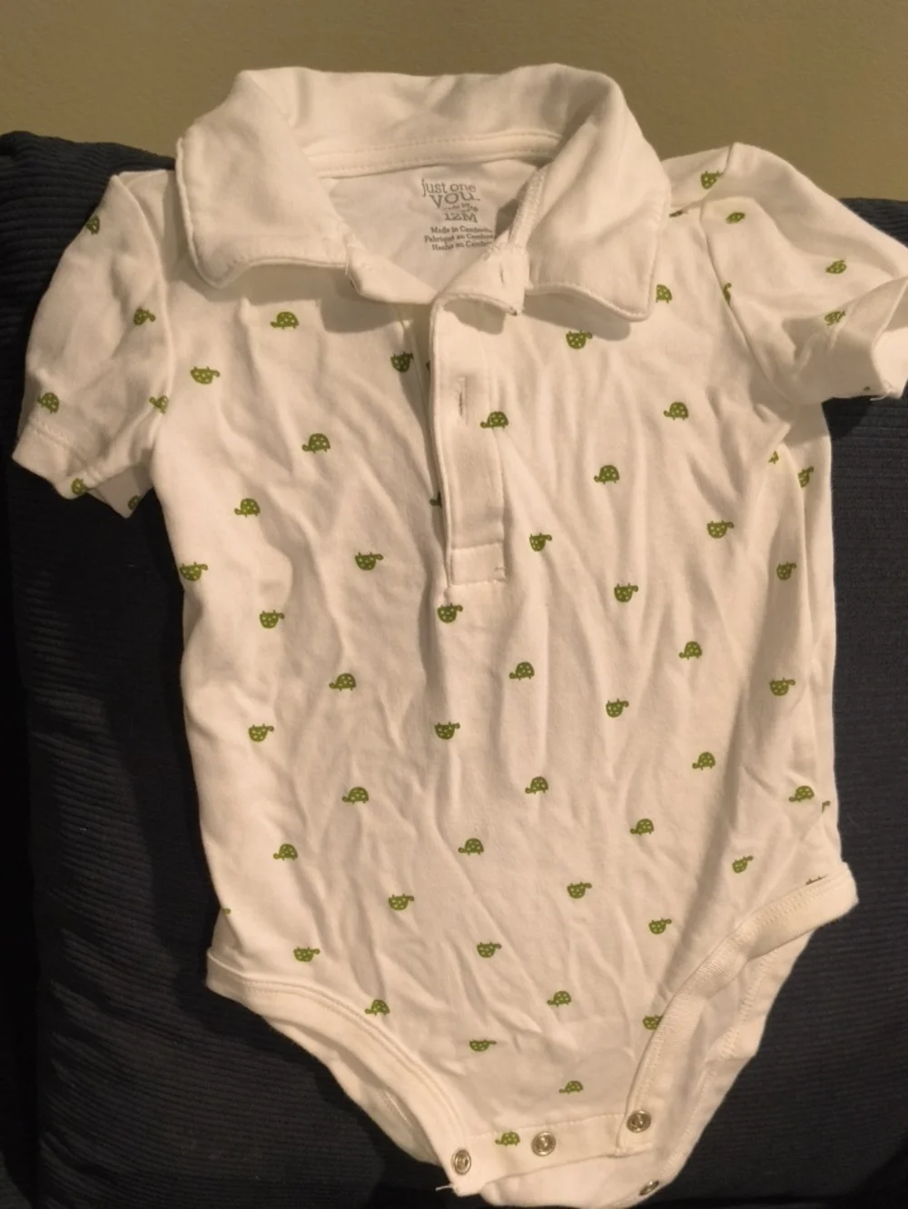 Just One You White Polo Bodysuit with Green Turtle Motif